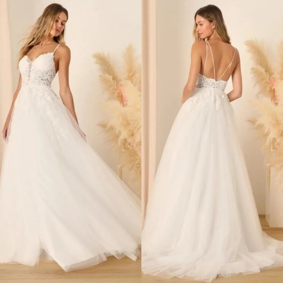 Lulus Height of Love White Embroidered Beaded Backless A-Line Gown Wedding - Picture 1 of 14
